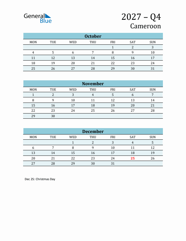 Three-Month Planner for Q4 2027 with Holidays - Cameroon