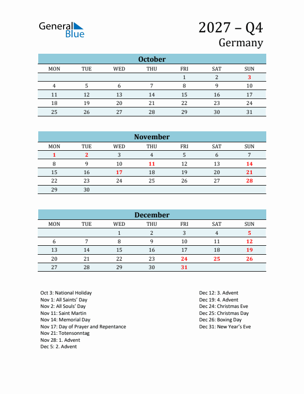 Three-Month Planner for Q4 2027 with Holidays - Germany