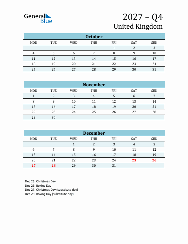 Three-Month Planner for Q4 2027 with Holidays - United Kingdom