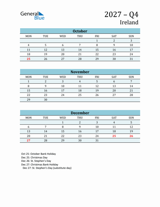 Three-Month Planner for Q4 2027 with Holidays - Ireland