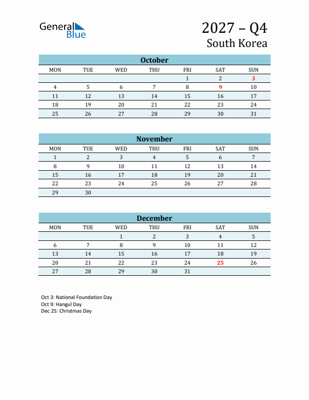 Three-Month Planner for Q4 2027 with Holidays - South Korea