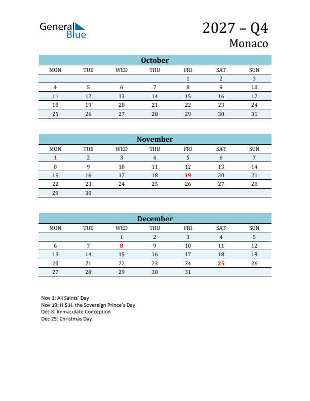 Three-Month Planner for Q4 2027 with Holidays - Monaco