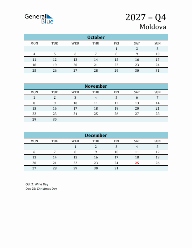 Three-Month Planner for Q4 2027 with Holidays - Moldova