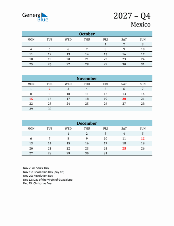 Three-Month Planner for Q4 2027 with Holidays - Mexico