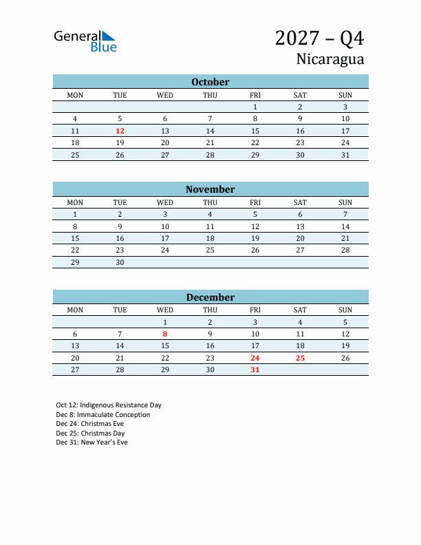 Three-Month Planner for Q4 2027 with Holidays - Nicaragua