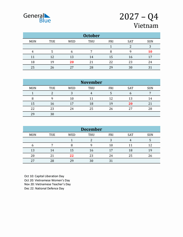 Three-Month Planner for Q4 2027 with Holidays - Vietnam