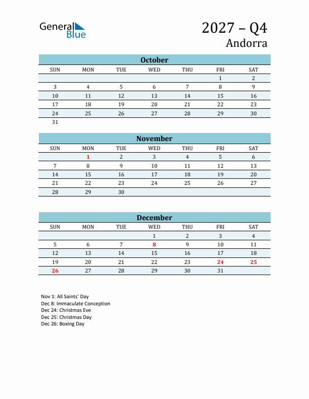 Three-Month Planner for Q4 2027 with Holidays - Andorra