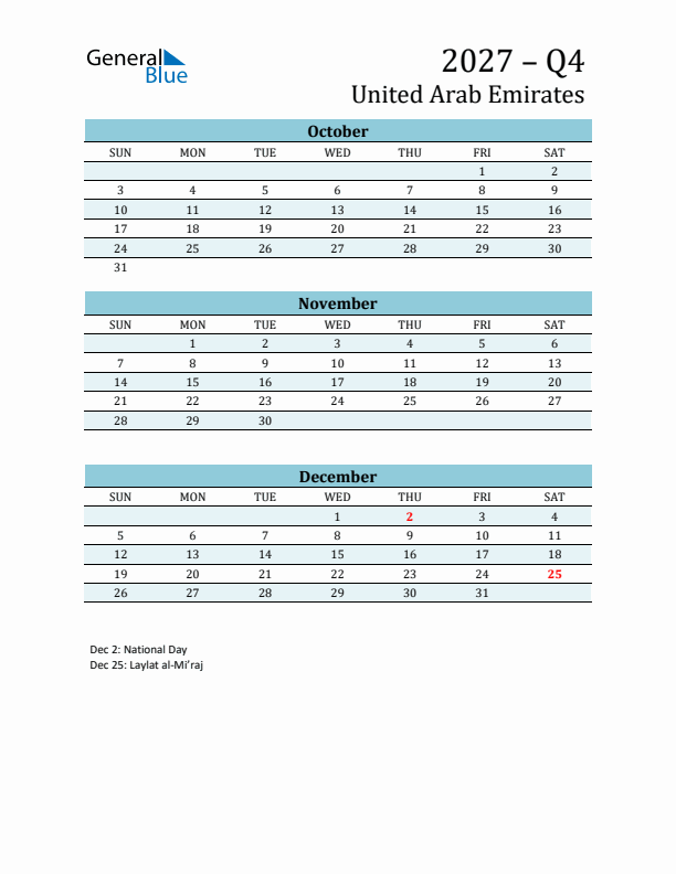 Three-Month Planner for Q4 2027 with Holidays - United Arab Emirates