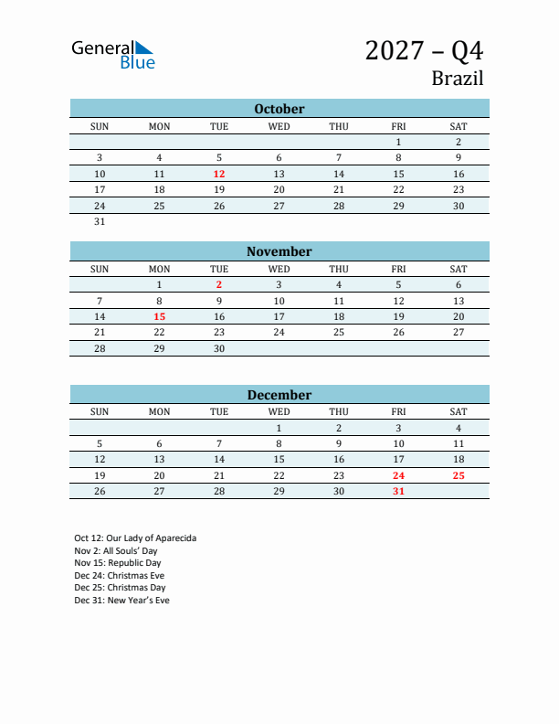 Three-Month Planner for Q4 2027 with Holidays - Brazil