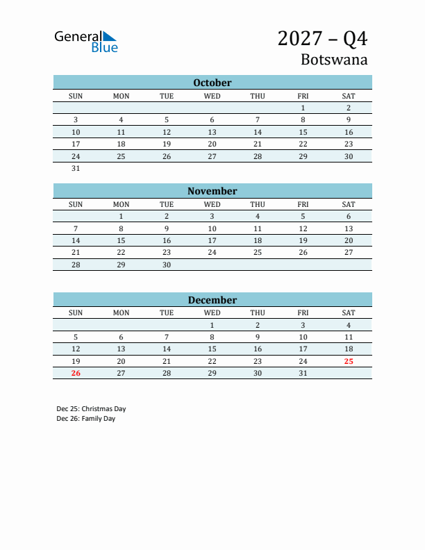 Three-Month Planner for Q4 2027 with Holidays - Botswana