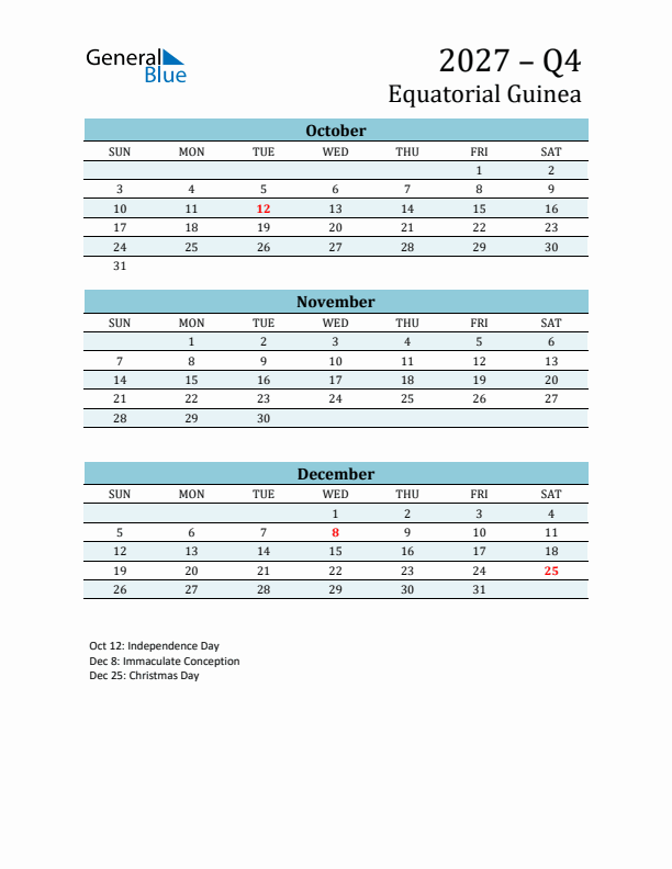 Three-Month Planner for Q4 2027 with Holidays - Equatorial Guinea