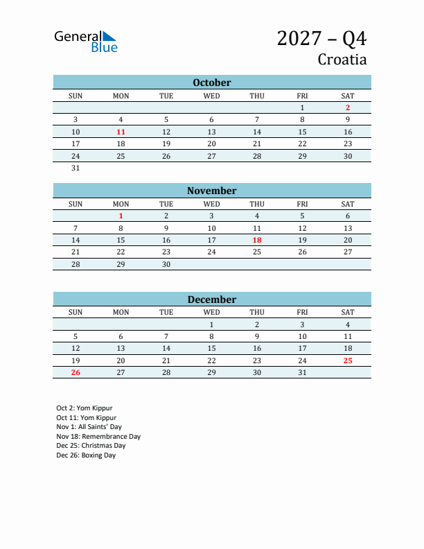 Three-Month Planner for Q4 2027 with Holidays - Croatia