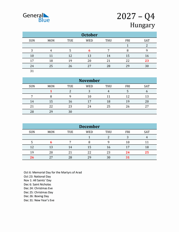 Three-Month Planner for Q4 2027 with Holidays - Hungary