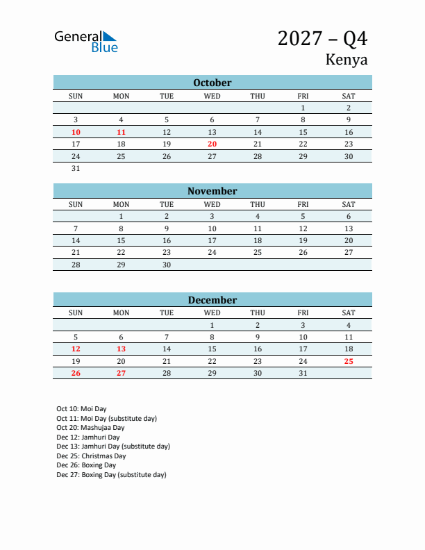 Three-Month Planner for Q4 2027 with Holidays - Kenya