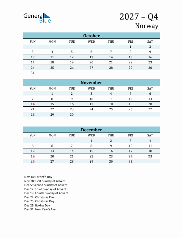 Three-Month Planner for Q4 2027 with Holidays - Norway