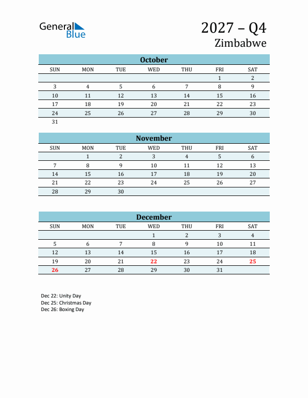 Three-Month Planner for Q4 2027 with Holidays - Zimbabwe