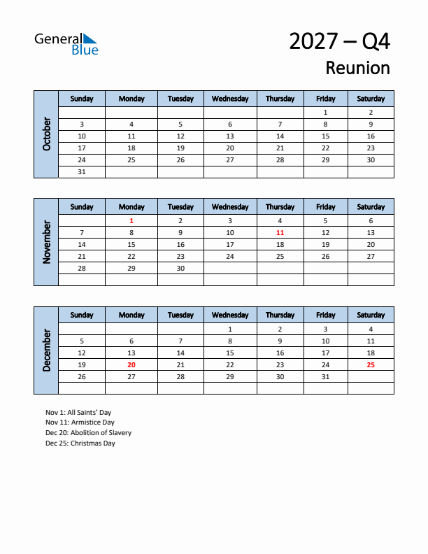 Free Q4 2027 Calendar for Reunion - Sunday Start