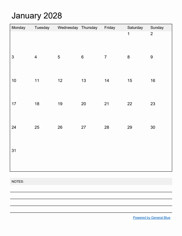 Basic Monthly Calendar Template for January 2028