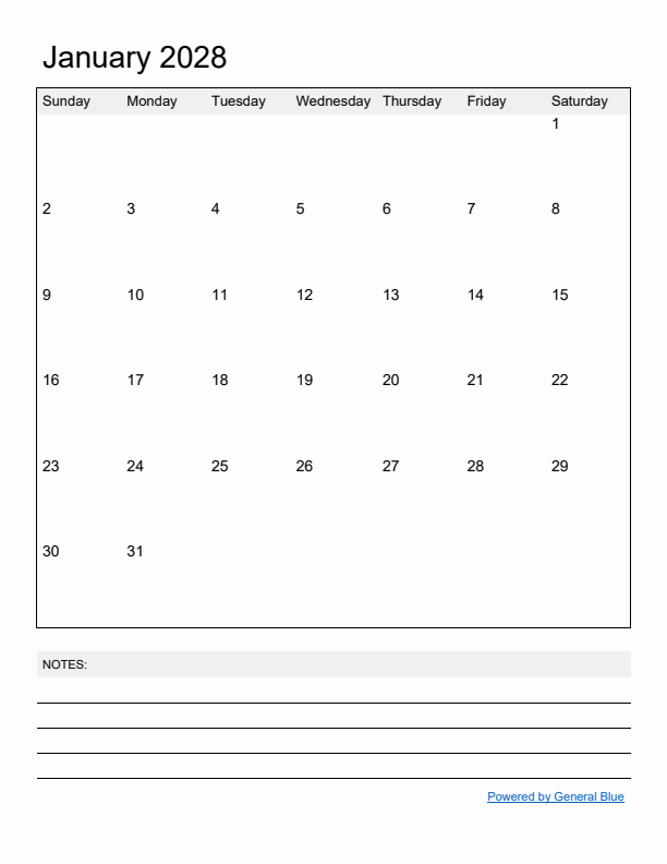 Basic Monthly Calendar Template for January 2028