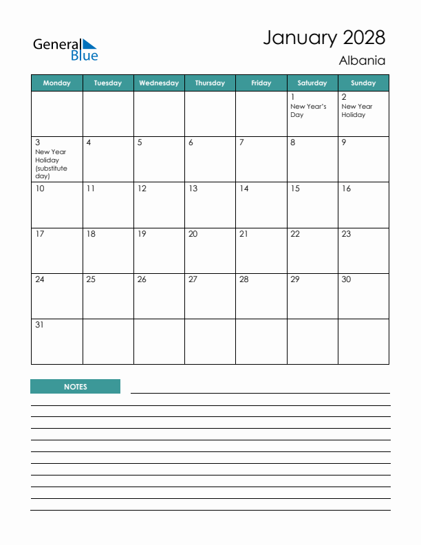 Calendar with Notes Printable - Monday Start