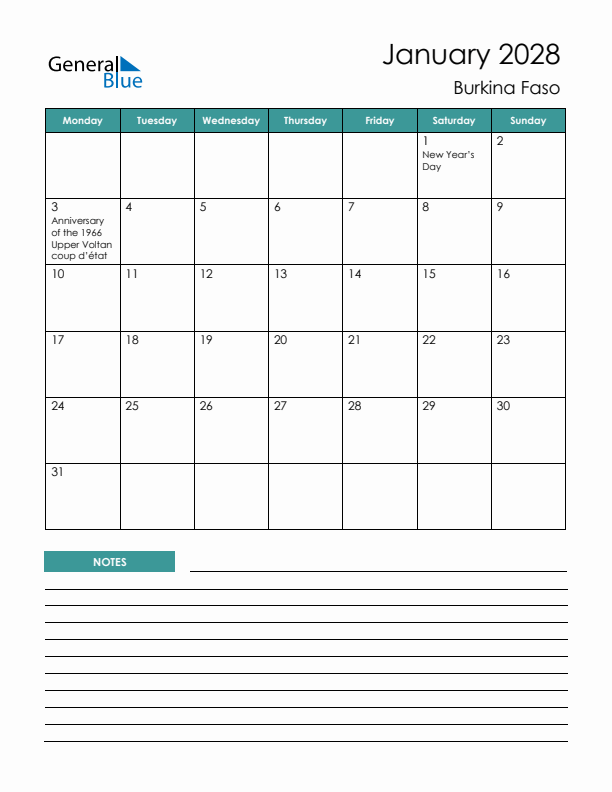 Calendar with Notes Printable - Monday Start