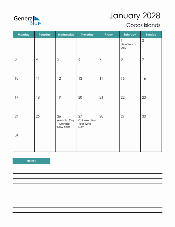 Calendar with Notes Printable - Monday Start