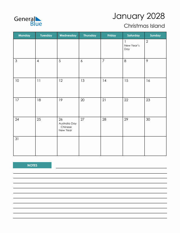 Calendar with Notes Printable - Monday Start