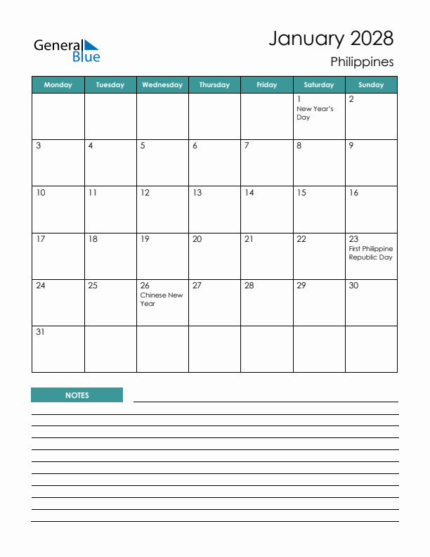 Calendar with Notes Printable - Monday Start