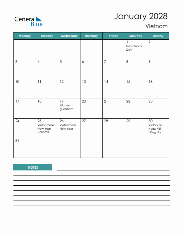 Calendar with Notes Printable - Monday Start