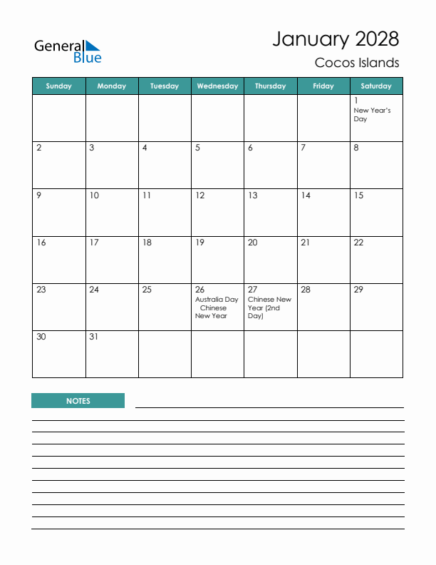 Calendar with Notes Printable - Sunday Start