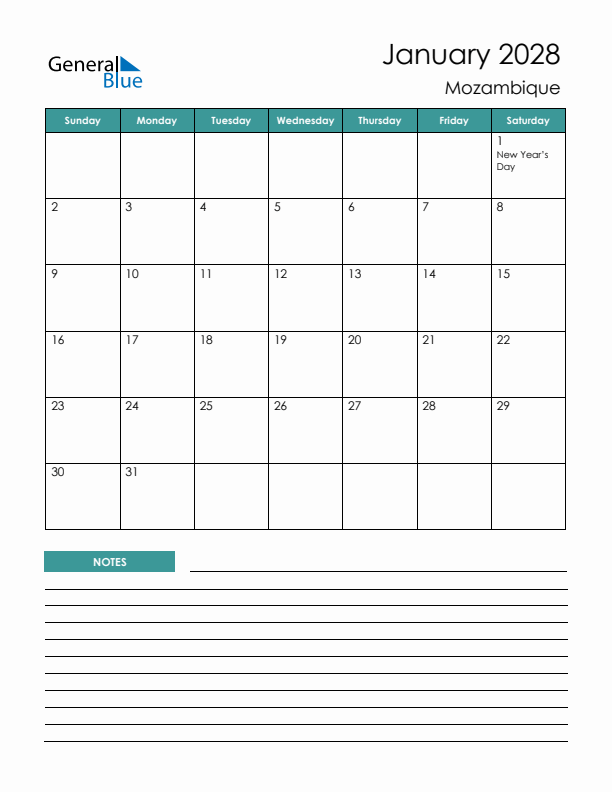 Calendar with Notes Printable - Sunday Start