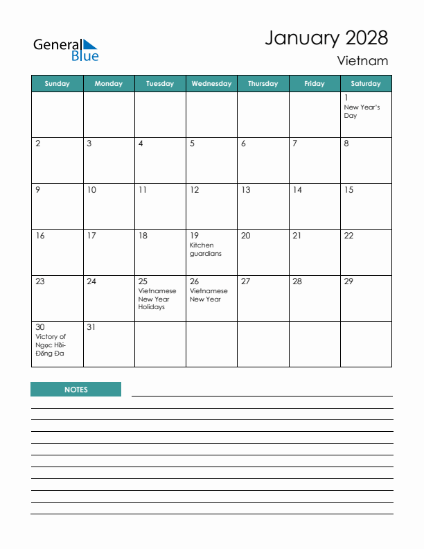 Calendar with Notes Printable - Sunday Start