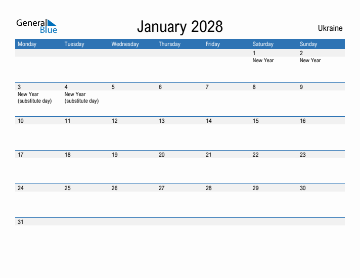 Fillable January 2028 Calendar