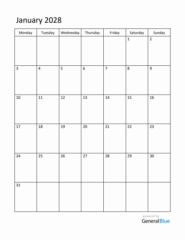 Monday Start Calendar for January 2028