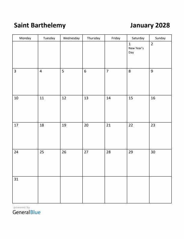 January 2028 Calendar with Saint Barthelemy Holidays