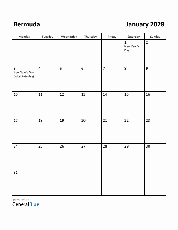 January 2028 Calendar with Bermuda Holidays