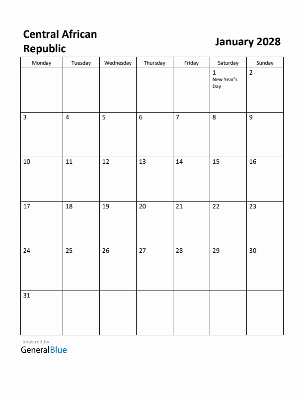 January 2028 Calendar with Central African Republic Holidays