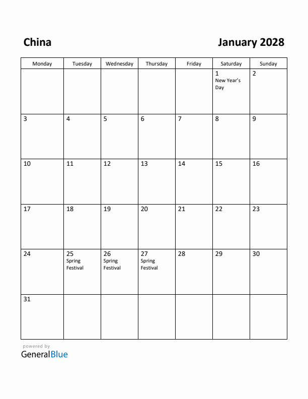 January 2028 Calendar with China Holidays