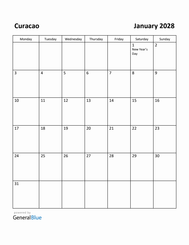 January 2028 Calendar with Curacao Holidays