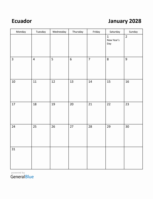 January 2028 Calendar with Ecuador Holidays