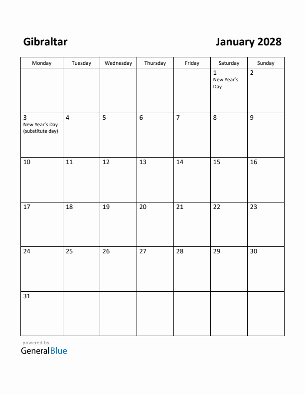 January 2028 Calendar with Gibraltar Holidays