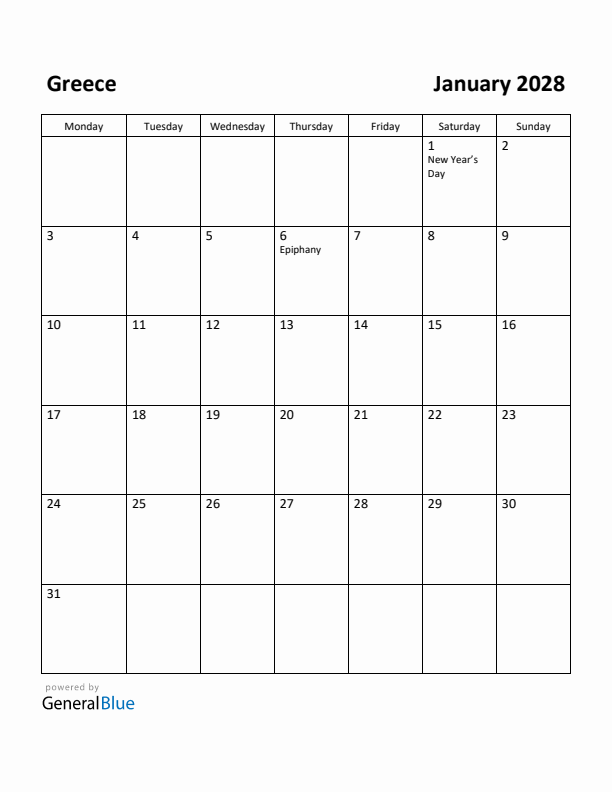 January 2028 Calendar with Greece Holidays