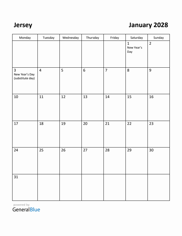 January 2028 Calendar with Jersey Holidays