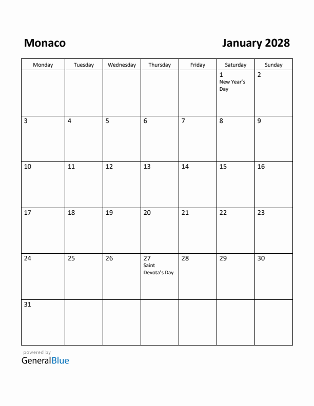 January 2028 Calendar with Monaco Holidays