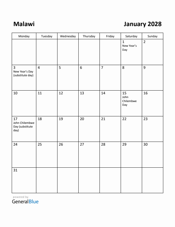 January 2028 Calendar with Malawi Holidays