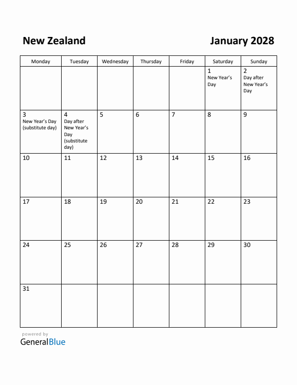 January 2028 Calendar with New Zealand Holidays