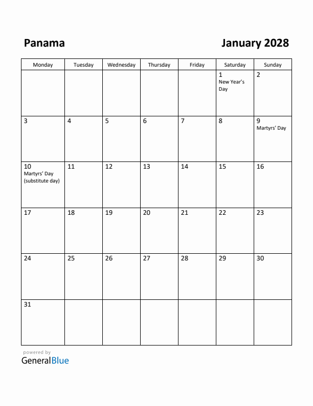 January 2028 Calendar with Panama Holidays