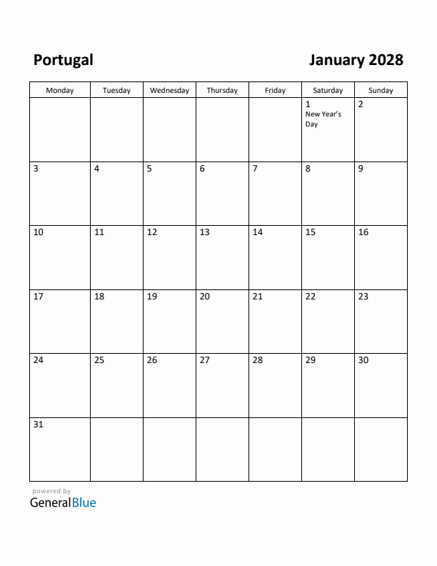 January 2028 Calendar with Portugal Holidays