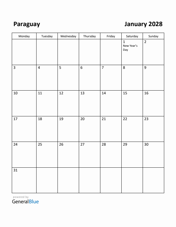 January 2028 Calendar with Paraguay Holidays