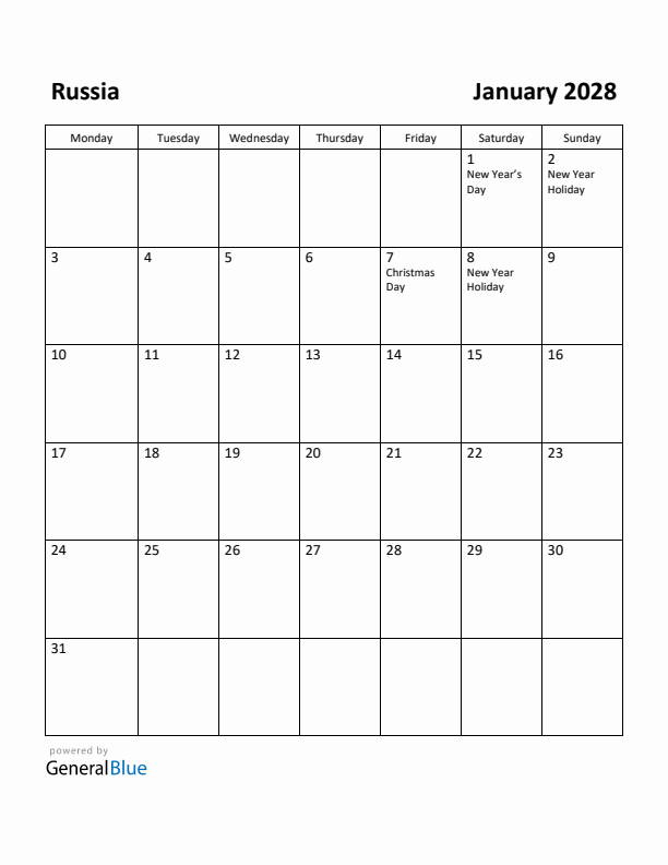 January 2028 Calendar with Russia Holidays